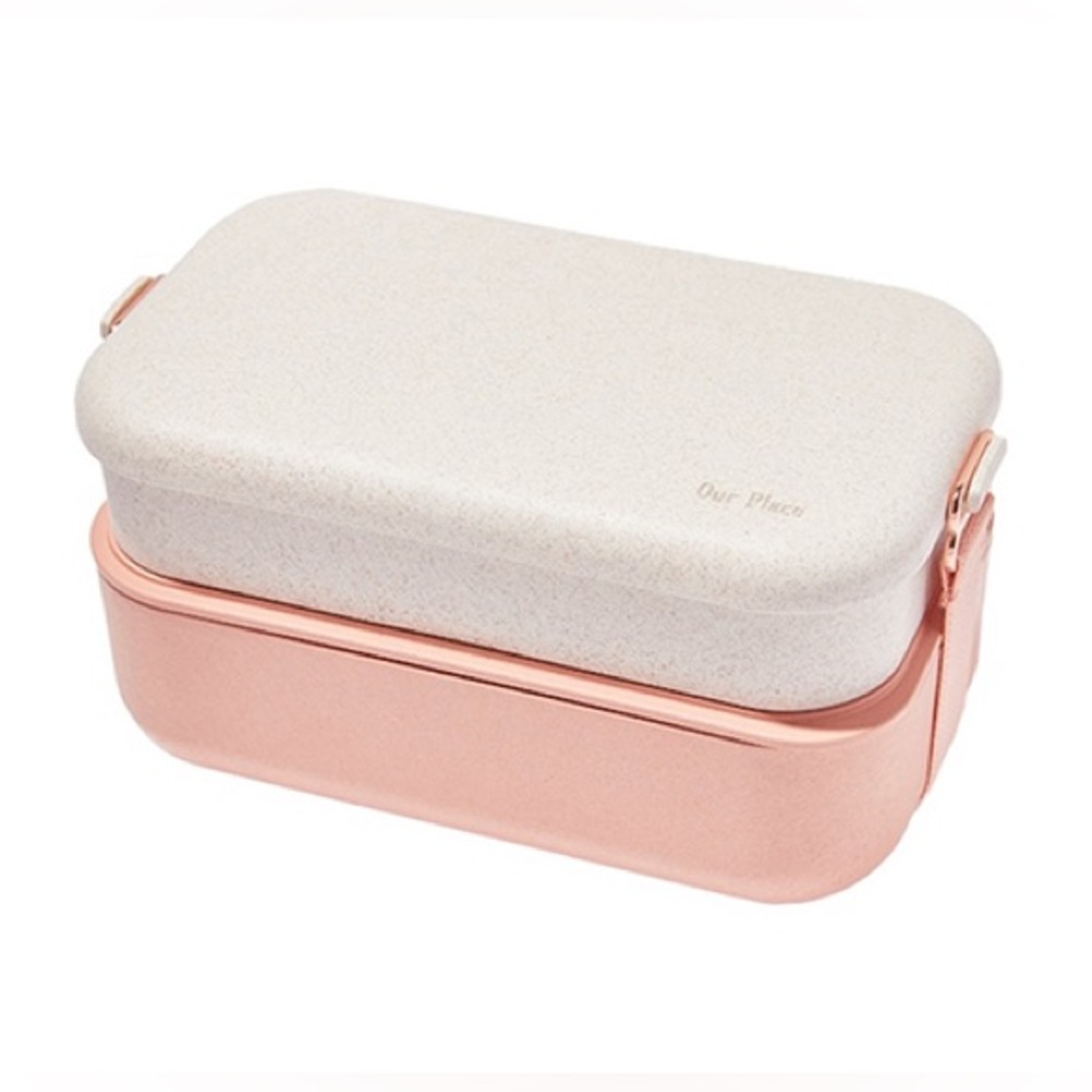 Our Place Layered Lunch Box with Utensils in Pastel Peach and White BNIB